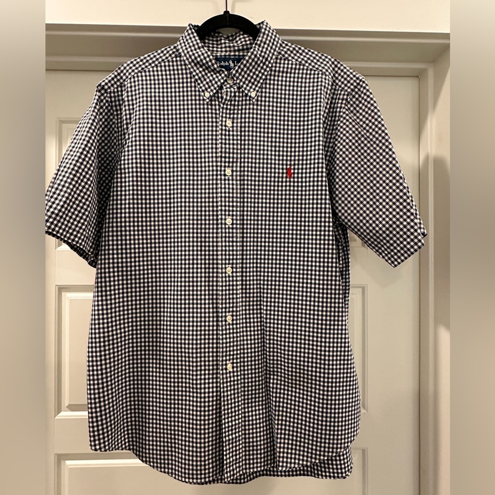 Ralph Lauren Button Down Short Sleeve Shirt Navy Gingham Size Large